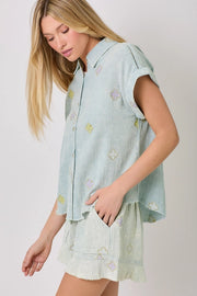 Desirae Embroidered Washed Cotton Gauze Button Front Top