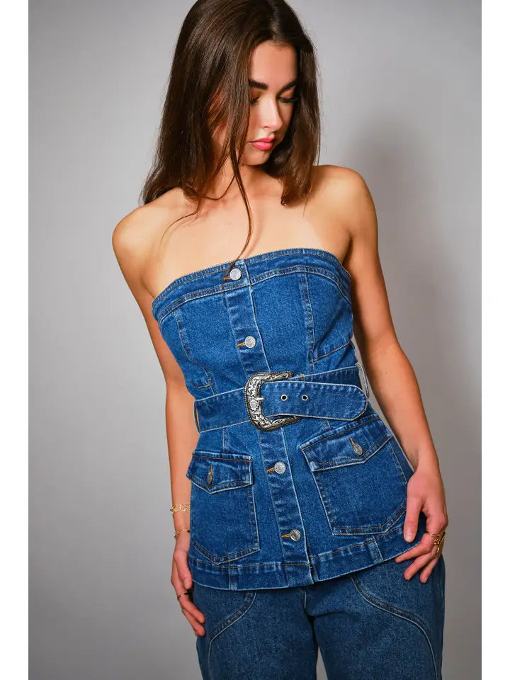 Buckle Bunny Western Buckle Belted Bustier Denim Top