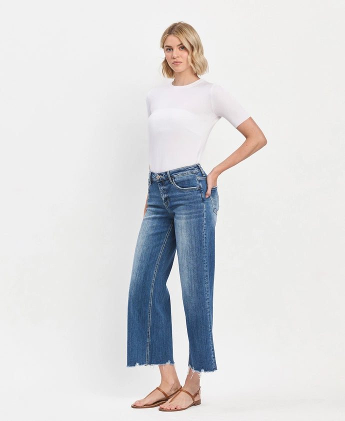 Bad Romance Mid Rise Ankle Wide Leg Distressed Hem Jeans