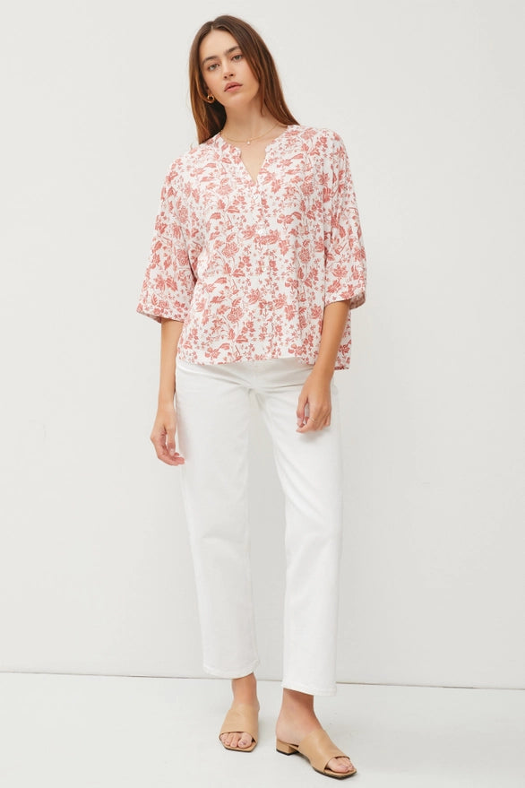 Presleigh Floral Mandarin Collar Button Down Blouse Top