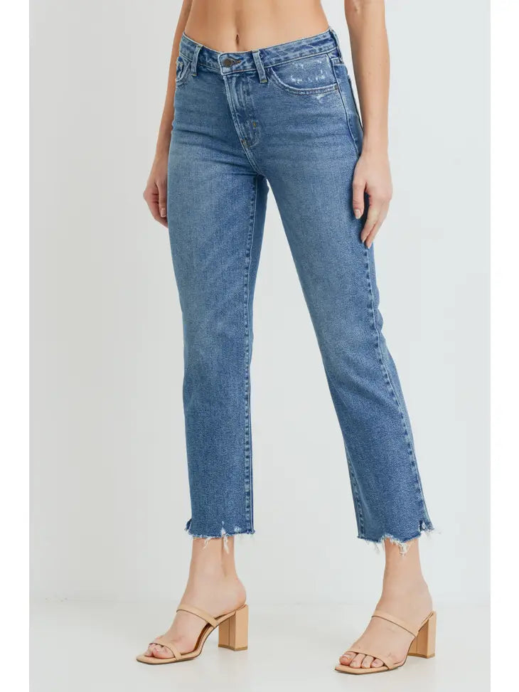 High Rise Vintage Straight Slim Straight Crop Jean with Distressed Hem