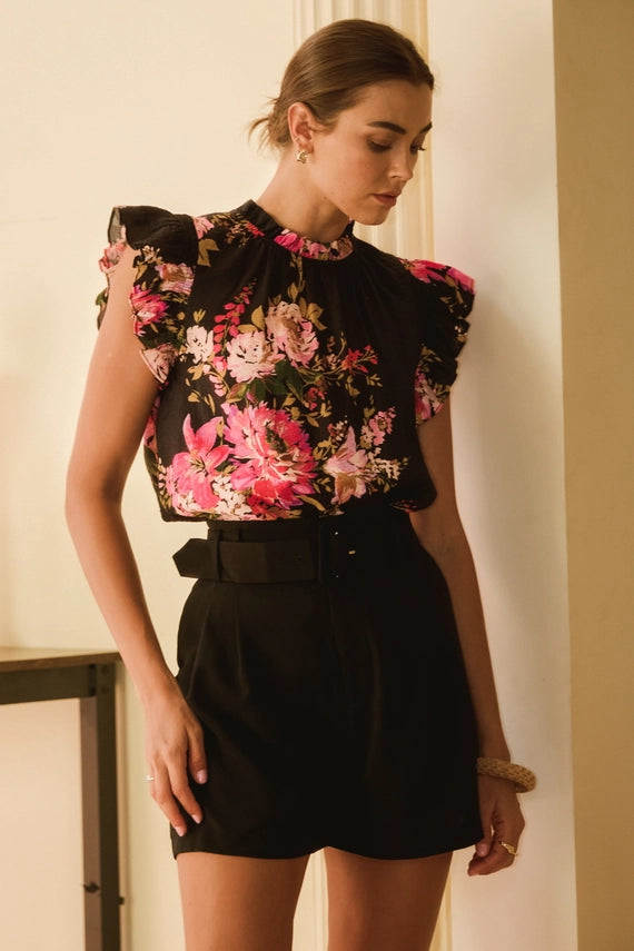 Charlene Sleeveless Ruffle Trim Floral Print Blouse