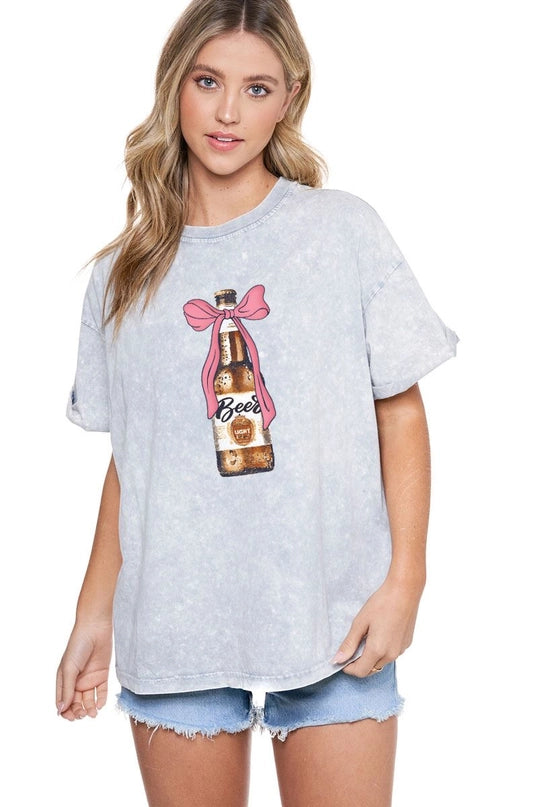 Puff Coquette Bow Beer Graphic Short Sleeve Snow Dye Tee