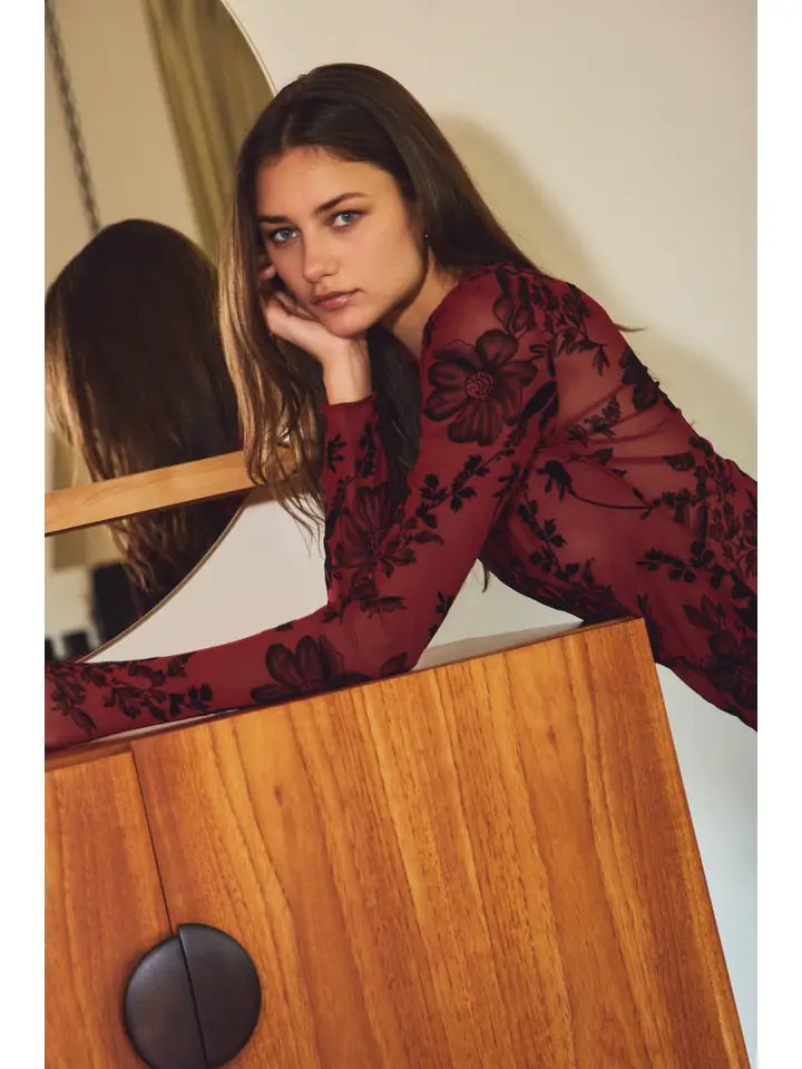 Flocked Floral Burnout Velvet Floral Mesh Mock Neck Fitted Long Sleeve Top