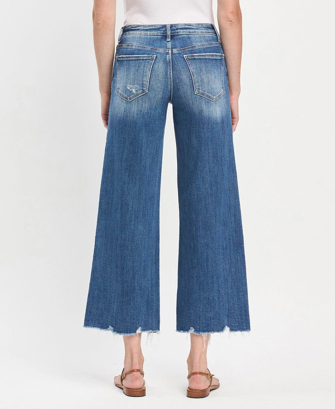 Bad Romance Mid Rise Ankle Wide Leg Distressed Hem Jeans