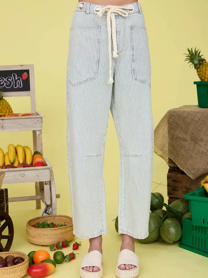 Lariat Mini Stripe Barrel Jeans with Braided Rope Waist Tie