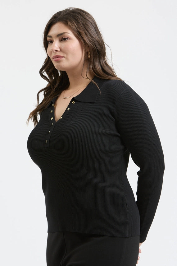Evelia Collared Gold Snap Long Sleeve Knit Top