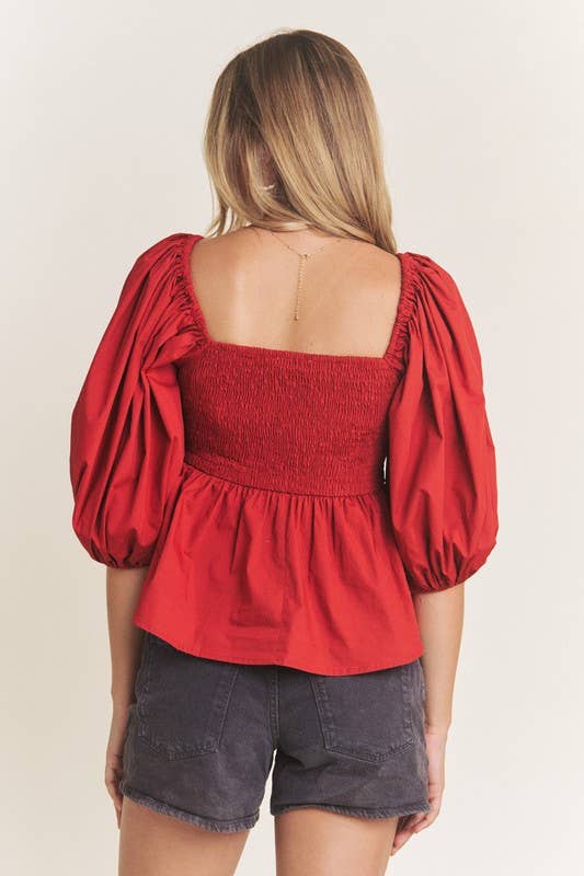 HEART SHAPED BUST 1/2 PUFF SLEEVE PEPLUM TOP: TOMATO RED / M