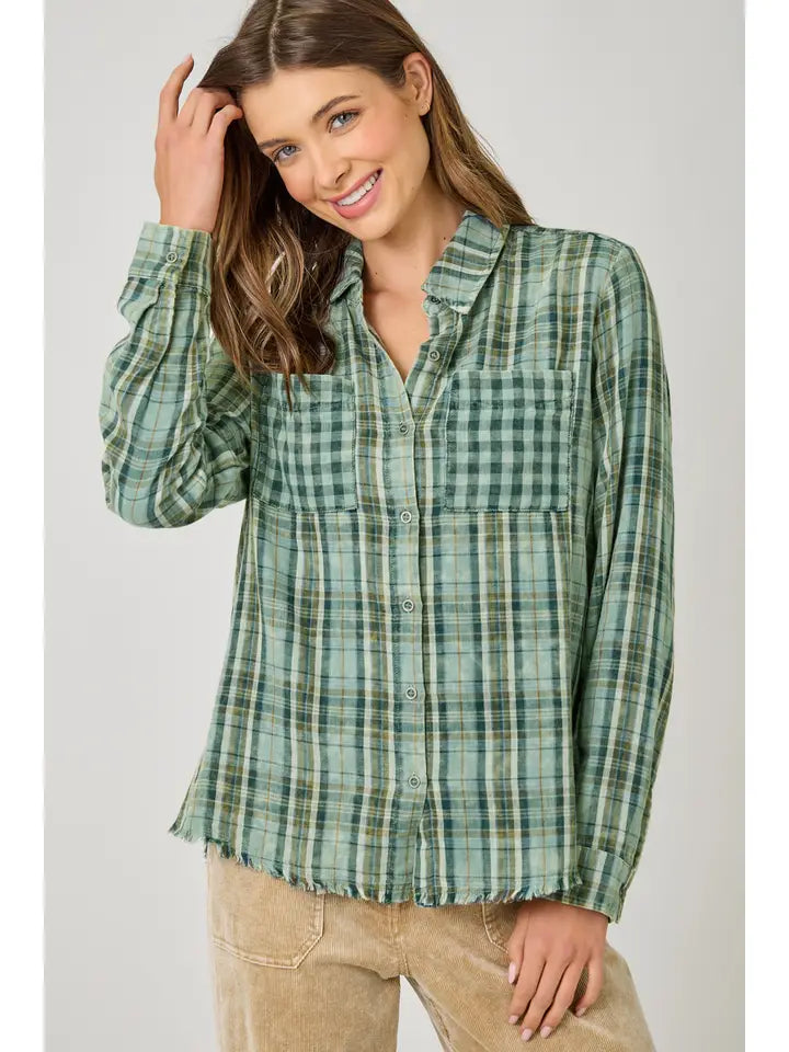 Gabriel Fringe Detail Washed Plaid Button Front Shirt