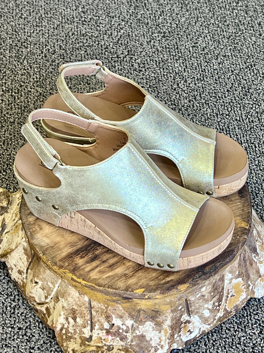 Corkys Footwear Carley Metallic Wedge Sandal Shoes