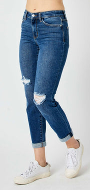 Foolin' Mid Rise Slim Fit Rolled Cuff Ankle Crop Jeans With Destroyed Knees