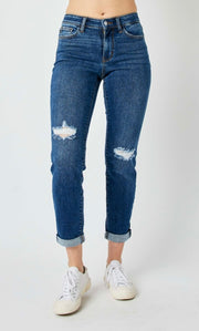 Foolin' Mid Rise Slim Fit Rolled Cuff Ankle Crop Jeans With Destroyed Knees