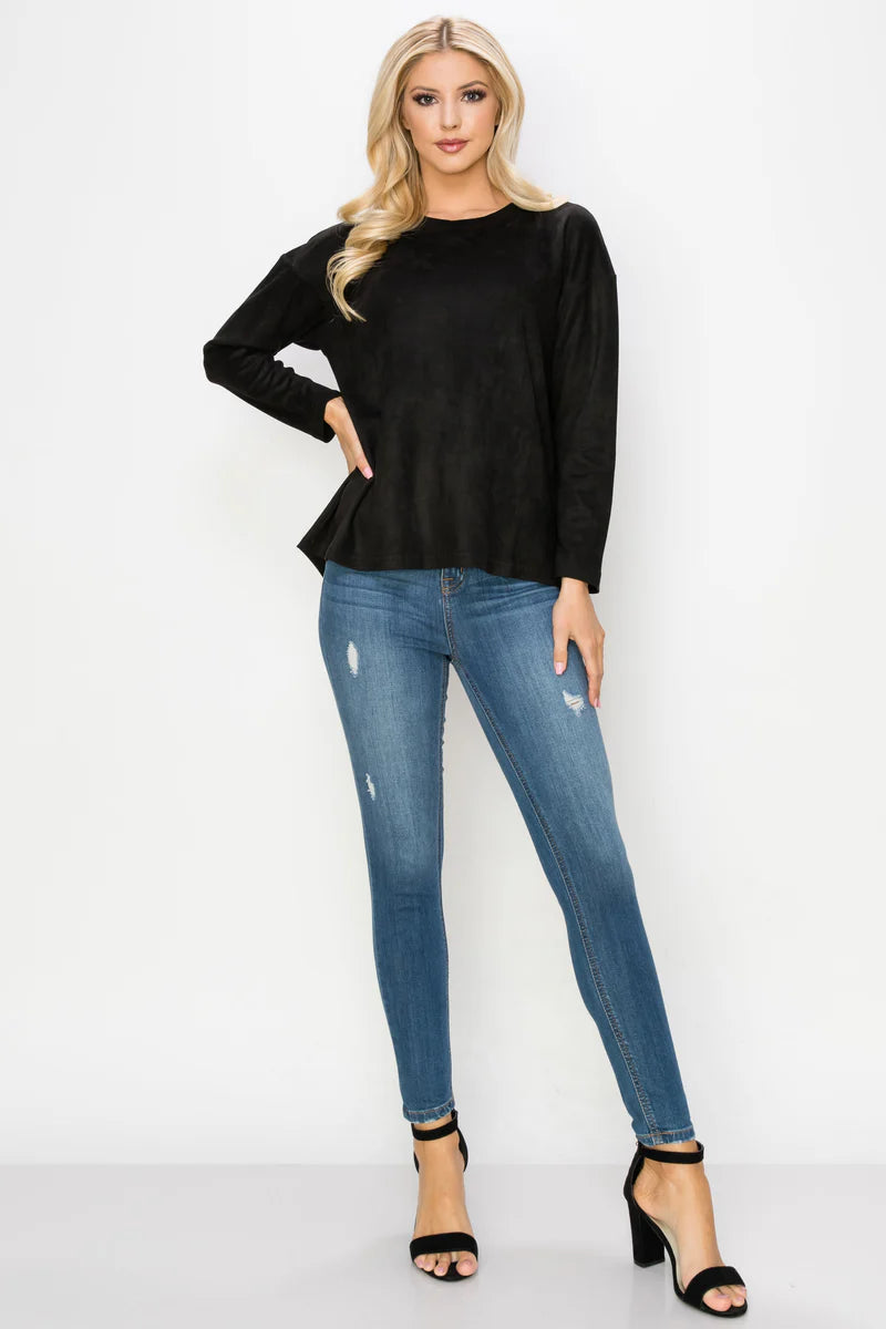 Adi Stretch Suede Round Neck Long Sleeve Tunic Top