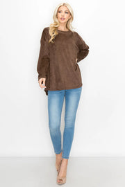Adi Stretch Suede Round Neck Long Sleeve Tunic Top