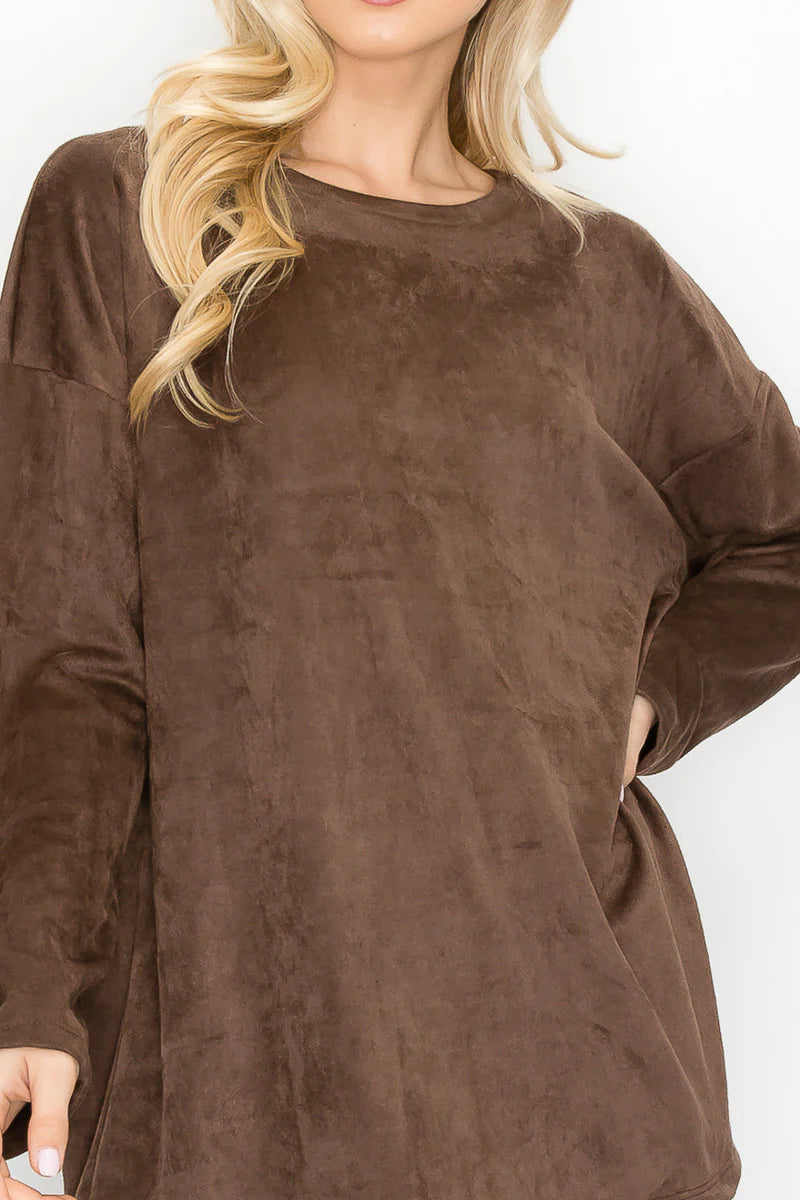 Adi Stretch Suede Round Neck Long Sleeve Tunic Top