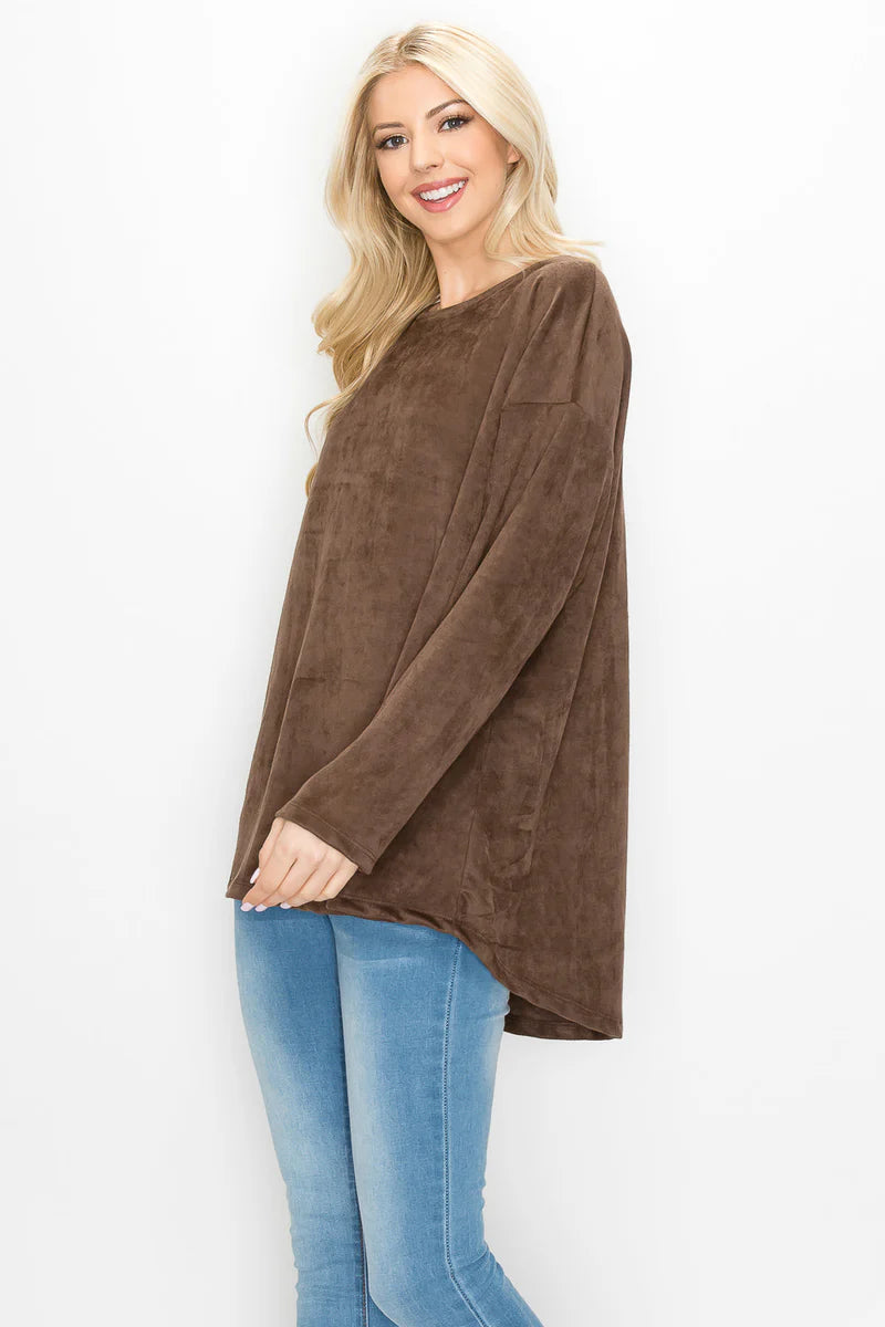 Adi Stretch Suede Round Neck Long Sleeve Tunic Top