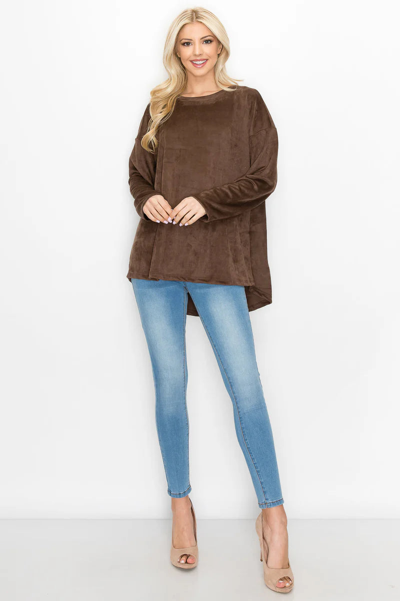 Adi Stretch Suede Round Neck Long Sleeve Tunic Top
