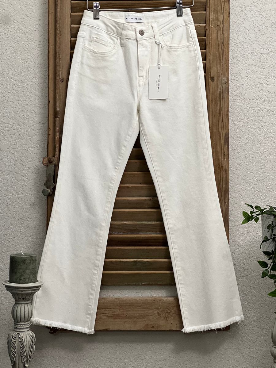 Rockstar High Rise Crop Flare White Denim Jean