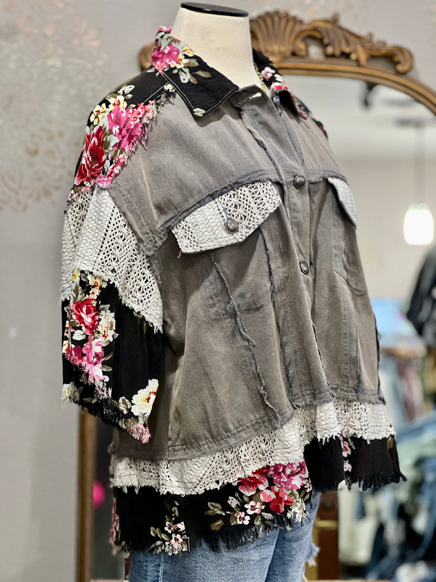 Shirley Oversized Half Sleeve Charcoal Roses Button Down Top/Jacket