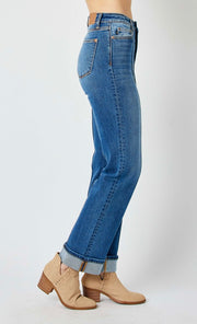 Felon High Waist Front Seam Detail Cuffed Straight Denim Jeans