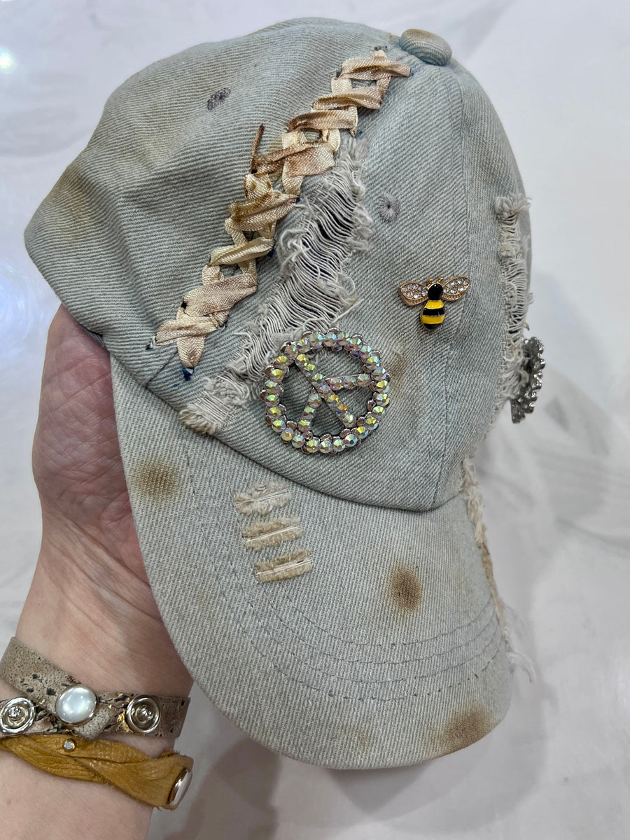 "Fancy" Distressed Baseball Cap, Handmade by A Rare Bird