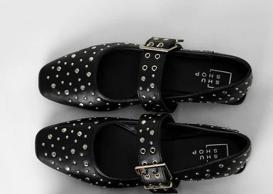 Avril - Black Studs - Mary Jane Flats by Shu Shop