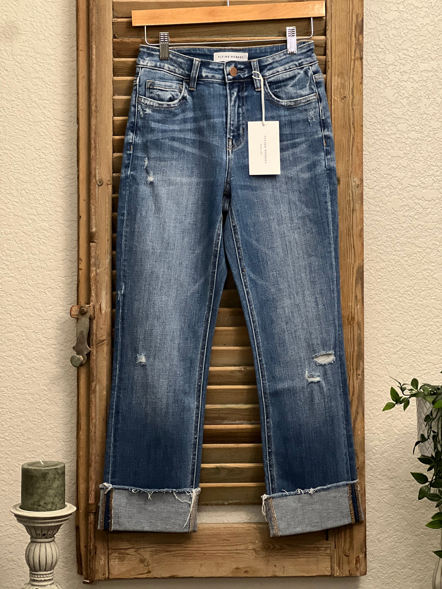 Bowie High Rise Straight Leg Crop Denim Jeans with Rolled Cuffs