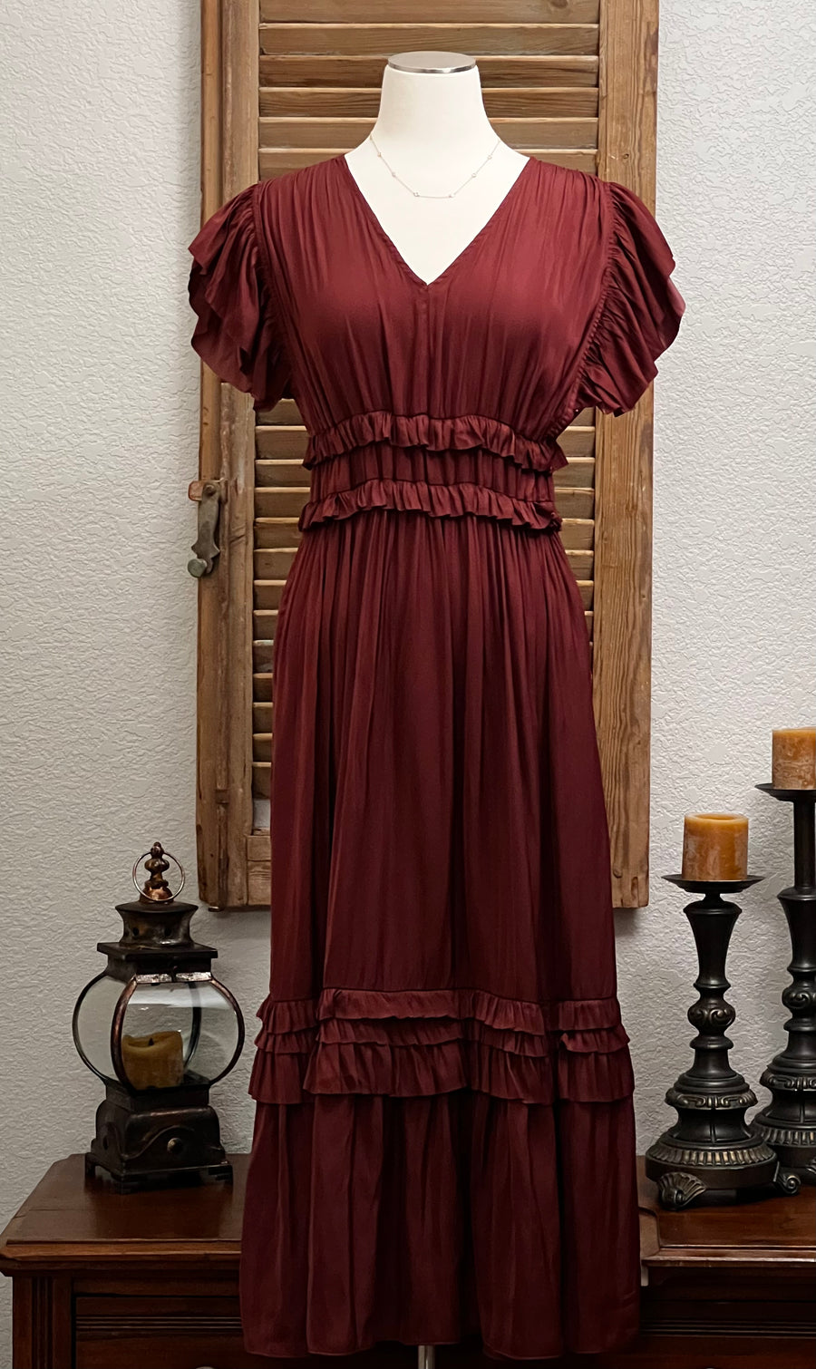 Aubrey Ruffled Satin V-Neckline Midi Dress