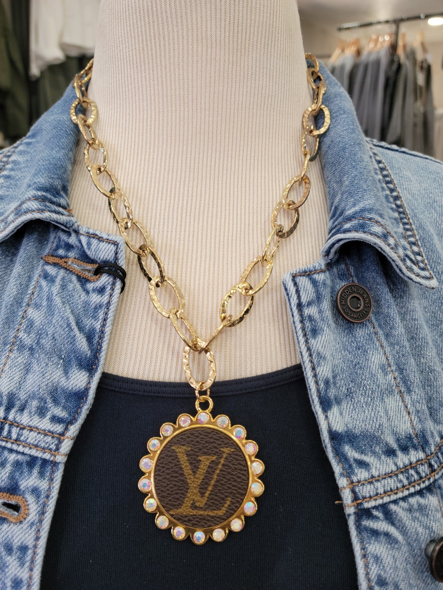 "Charming" Upcycled LV Large "LV" Bling Round Dangle Charm Necklace with Oval Hoops Chain