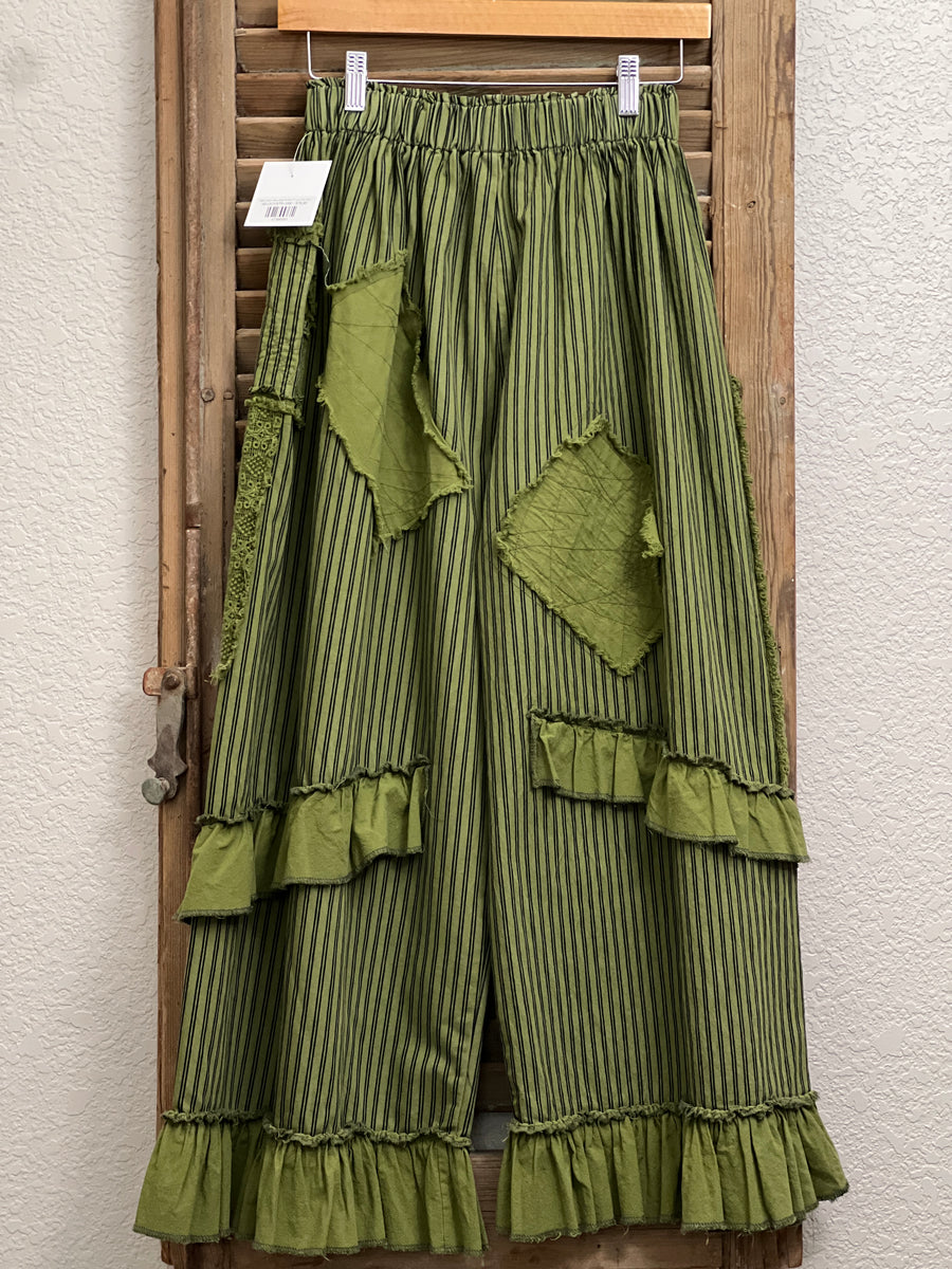 Jaded Gypsy Olive Stripe Ruffles N' Lace Crop Pants