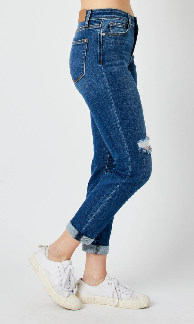 Foolin' Mid Rise Slim Fit Rolled Cuff Ankle Crop Jeans With Destroyed Knees