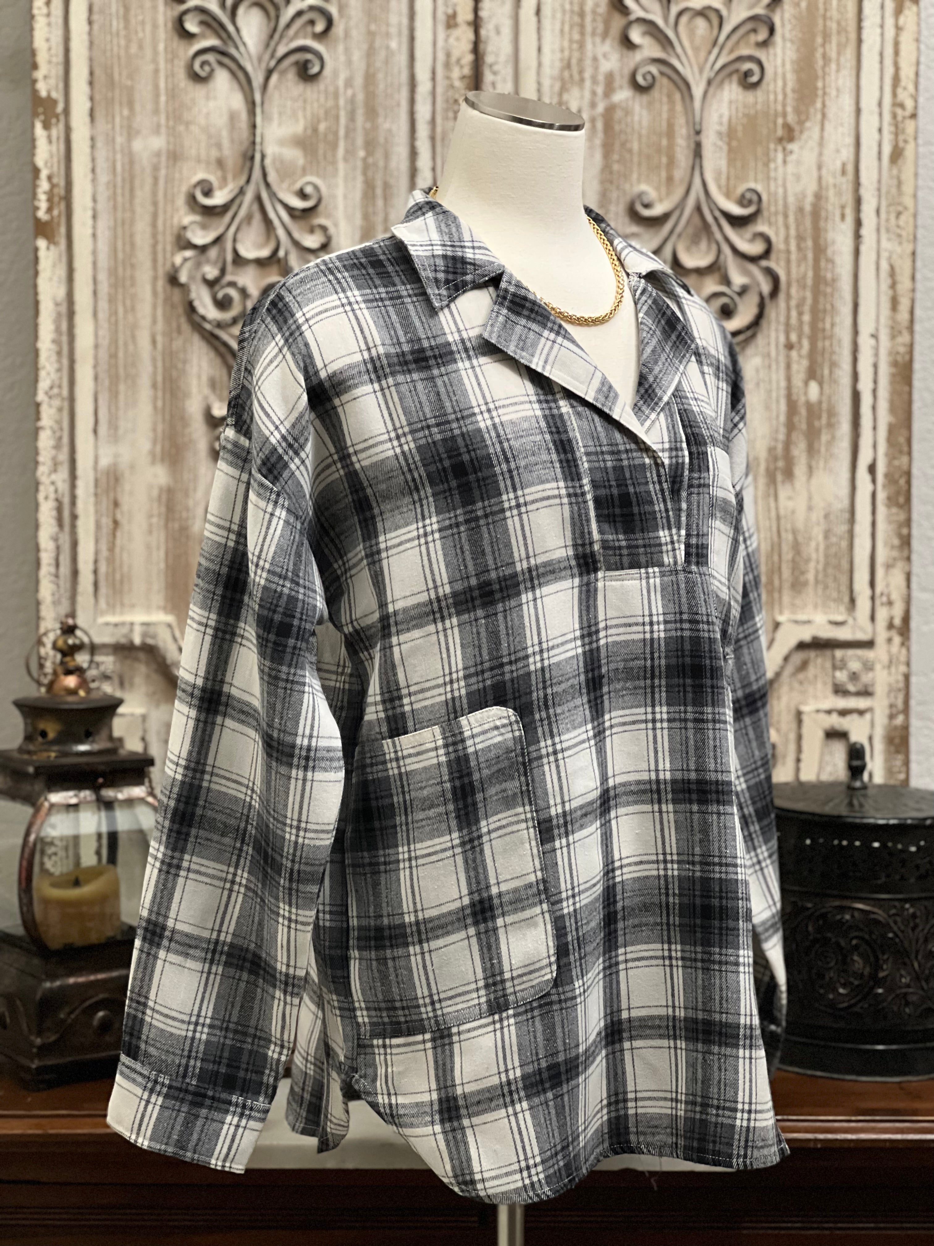 Austyn Oversized Long Sleeve Plaid V-Neck Tunic Shirt Top