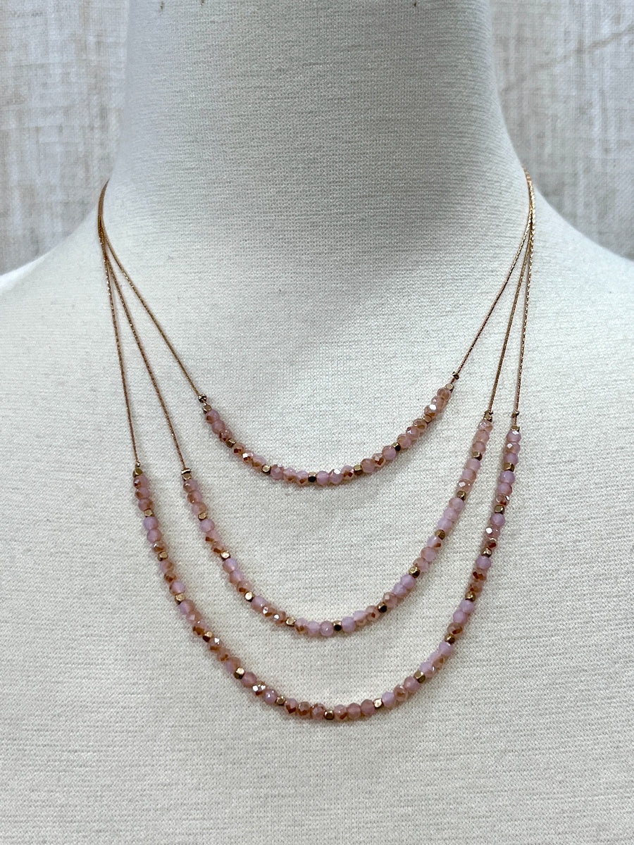 Meghan Browne Arkin Pink Beaded & Gold Three Strand Delicate Necklace