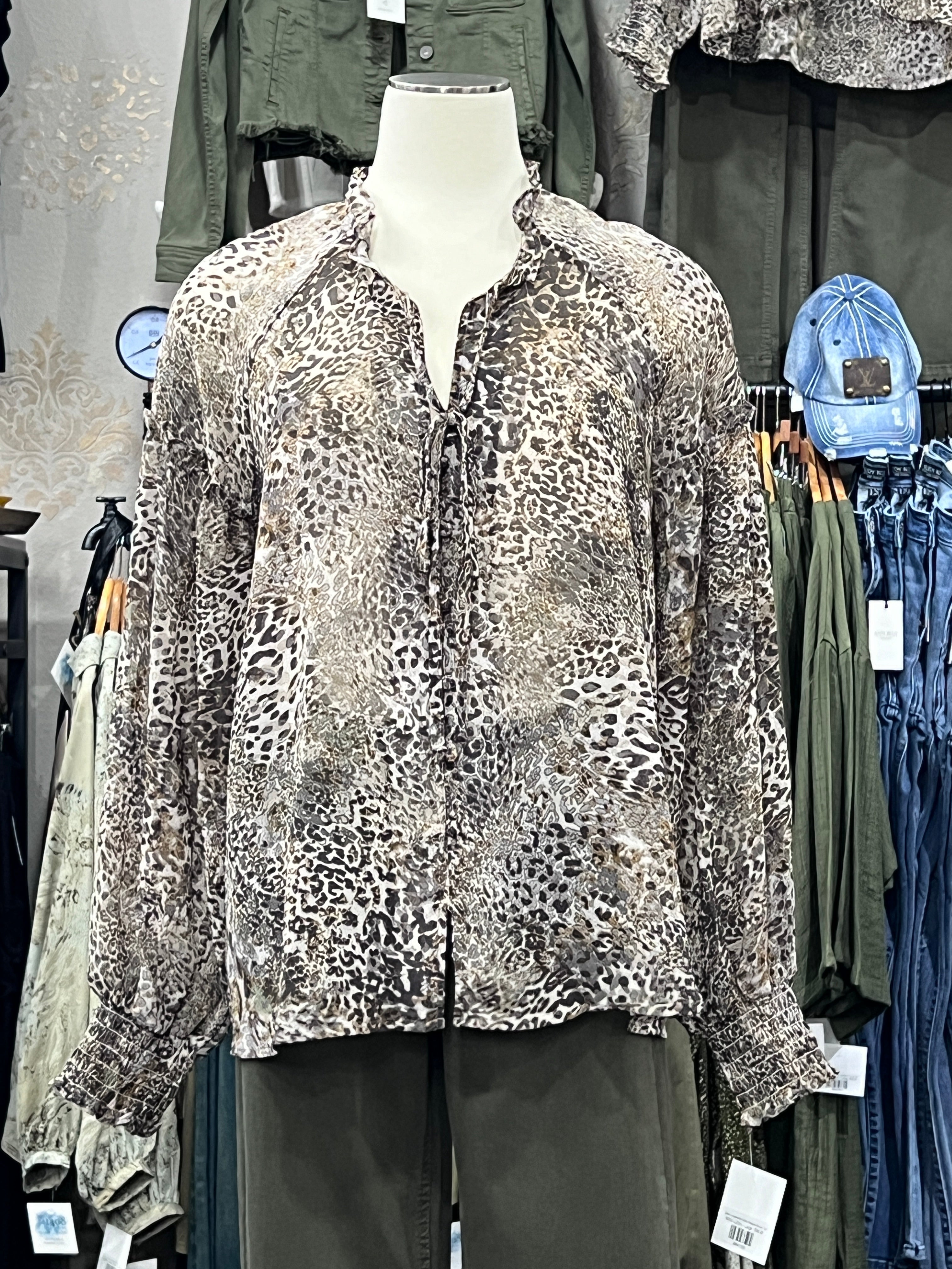 Eileen Leopard Mix Chiffon Peasant Blouse Top