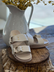 Rather Slide Sandal with Double Straps and Gold Buckles