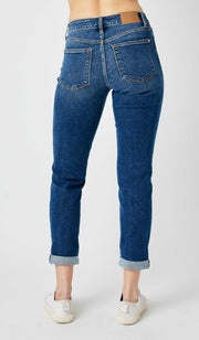 Foolin' Mid Rise Slim Fit Rolled Cuff Ankle Crop Jeans With Destroyed Knees