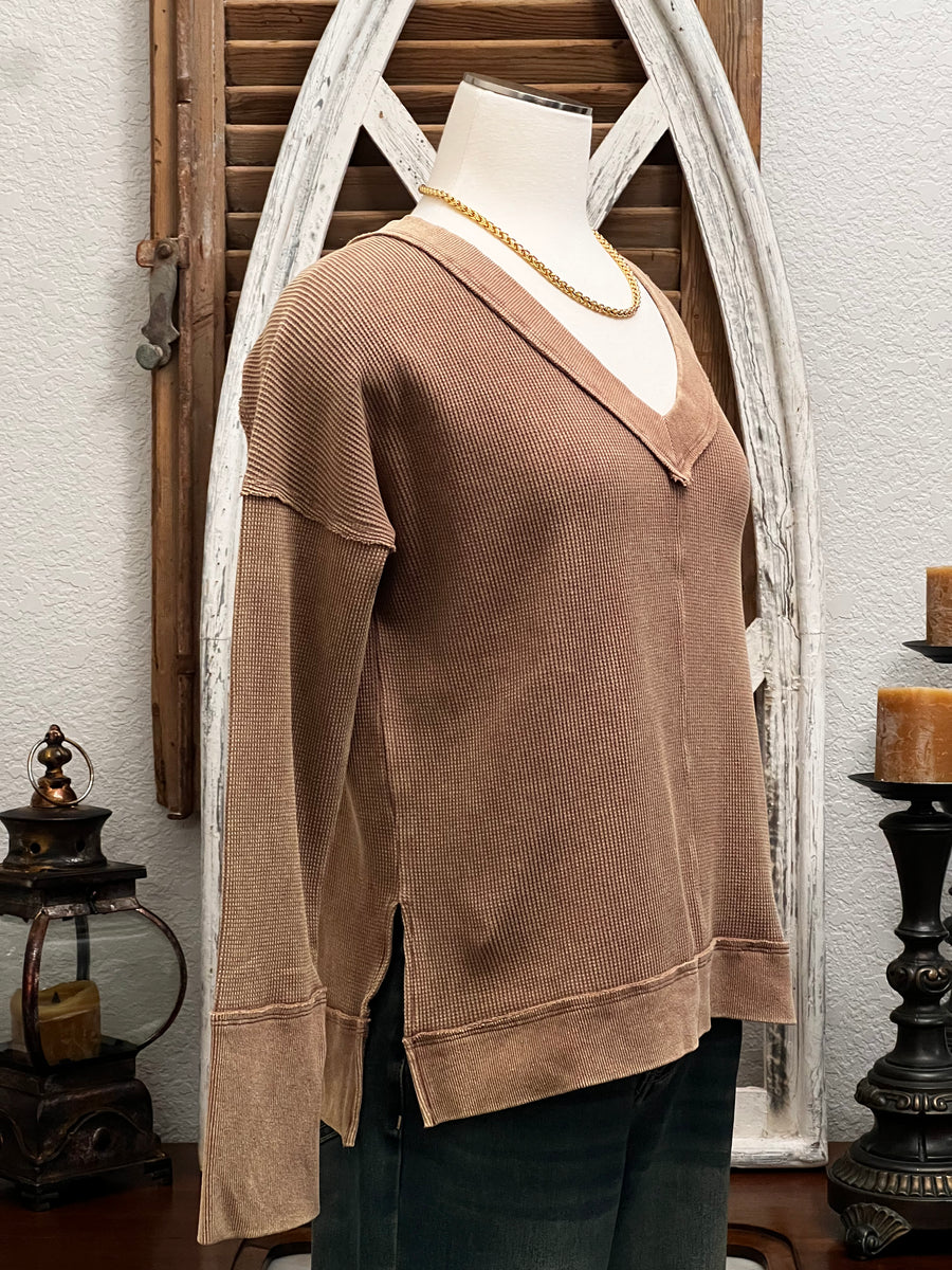 Terri Mineral Washed Thermal Knit V-Neck Top
