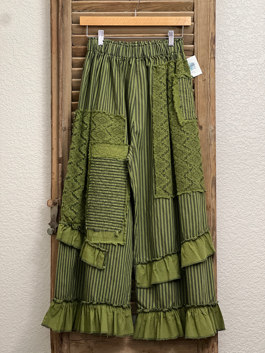 Jaded Gypsy Olive Stripe Ruffles N' Lace Crop Pants