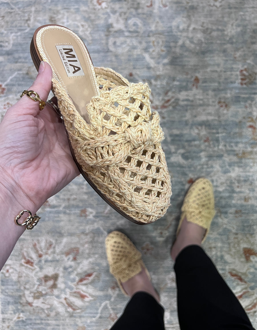 Layce Natural Woven Bow Slide Mule Shoes