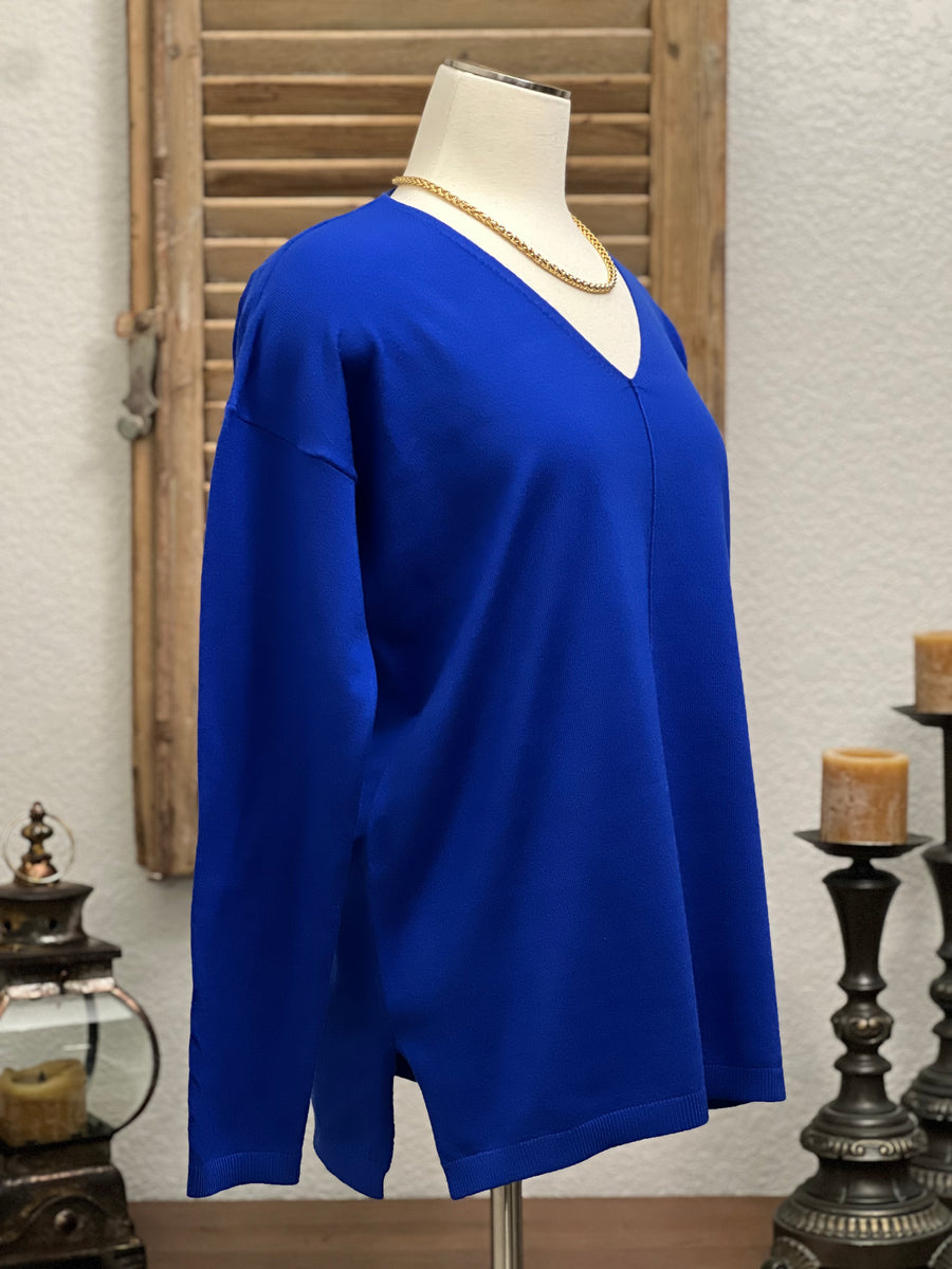 Jewel V-Neck Center Seam Long Sleeve Sweater