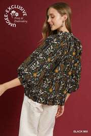 October Puff Sleeve V-Neck Fall Botanical Print Blouse Top