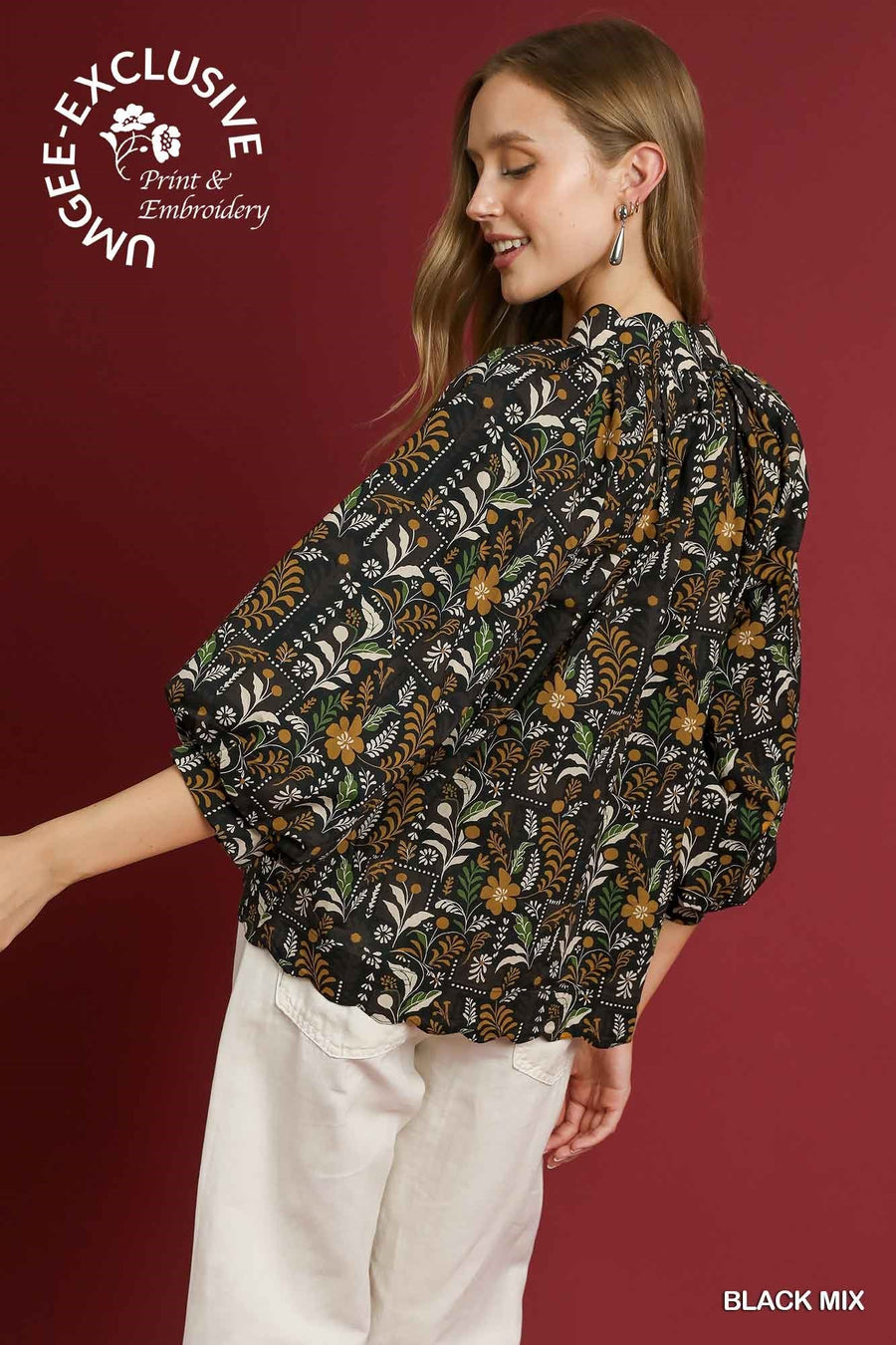 October Puff Sleeve V-Neck Fall Botanical Print Blouse Top