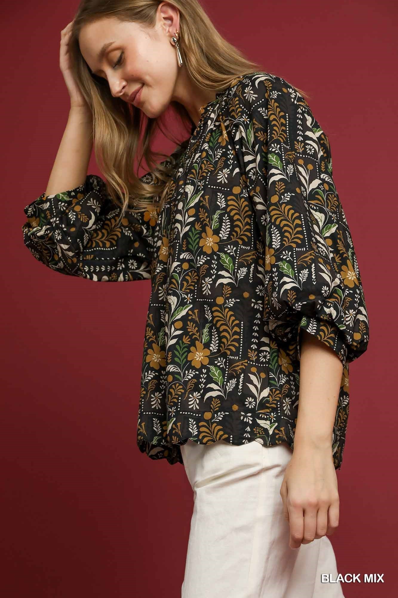 October Puff Sleeve V-Neck Fall Botanical Print Blouse Top