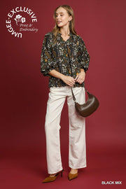October Puff Sleeve V-Neck Fall Botanical Print Blouse Top
