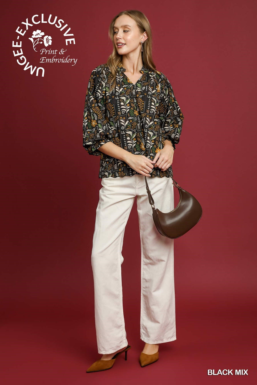 October Puff Sleeve V-Neck Fall Botanical Print Blouse Top