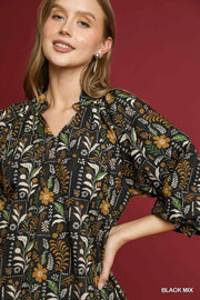 October Puff Sleeve V-Neck Fall Botanical Print Blouse Top