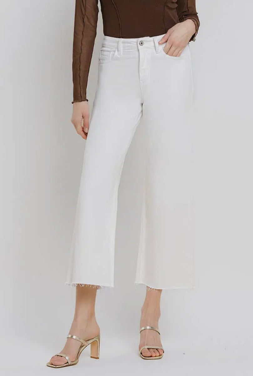 White Lies High Rise Crop Length Wide Leg White Denim Jeans