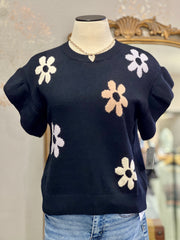 Lyndee Round Neck Ruffle Sleeve Flower Knitted Sweater Top