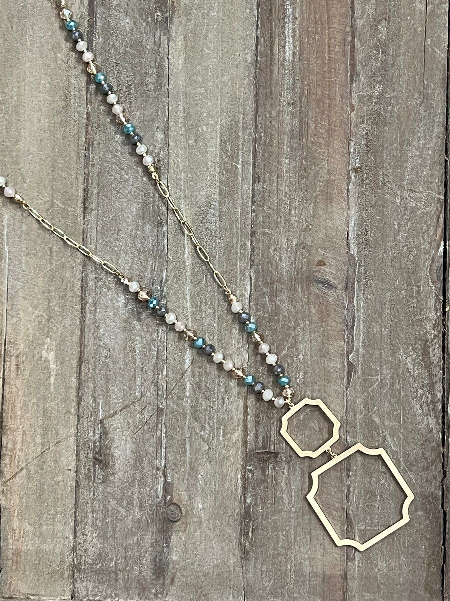 Long Beaded Geometric Pendant Necklace