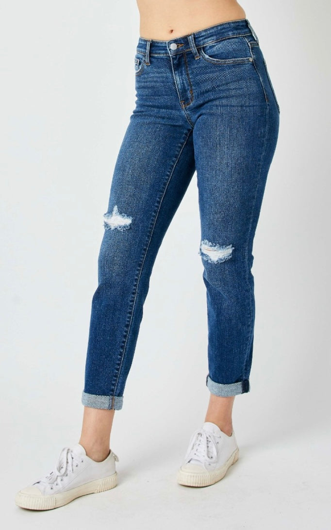 Foolin' Mid Rise Slim Fit Rolled Cuff Ankle Crop Jeans With Destroyed Knees